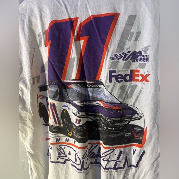 Denny Hamlin #11 NASCAR FedEx Joe Gibbs Racing white mens tshirt. - Picture 5 of 5